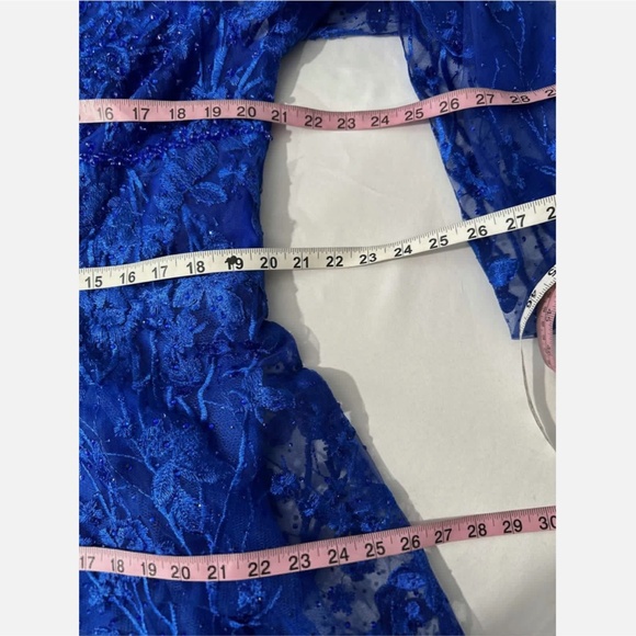 NWT $798 Mac Duggal [ 16 ] V Neck Mesh Puff Sleeve A Line Embellished Dress Blue - Picture 5 of 16
